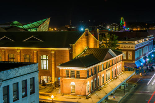 View of buildings in downtown at night, in Roanoke, Virginia
