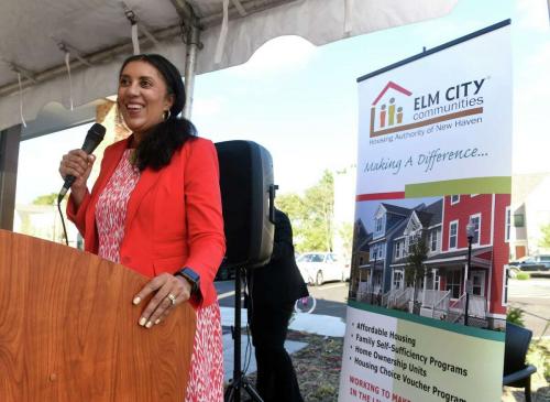 Karen DuBois-Walton, President of Elm City Communities, speaks during New Haven's 2022 AAC celebration. 